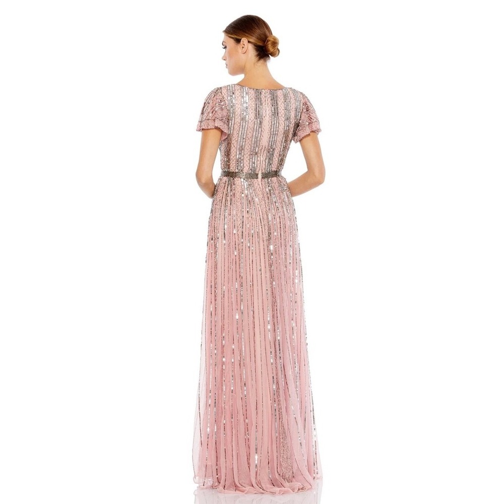Mac Duggal 70108 Rose Pink Sequin Beaded Flutter Sleeve V-Neck Gown Dress size 4 - Picture 4 of 14
